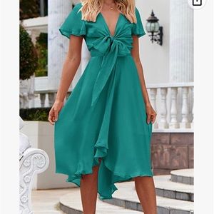 ZESICA Satin V Neck Short Sleeve Tie Front Smocked Waist Midi Dress.